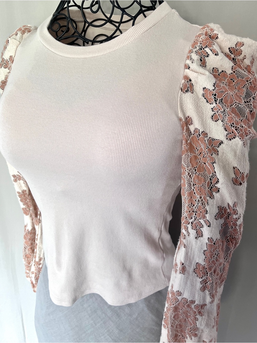 Dolan Left Coast Collection Lace Puff Sleeve Top Cream & Tan XS